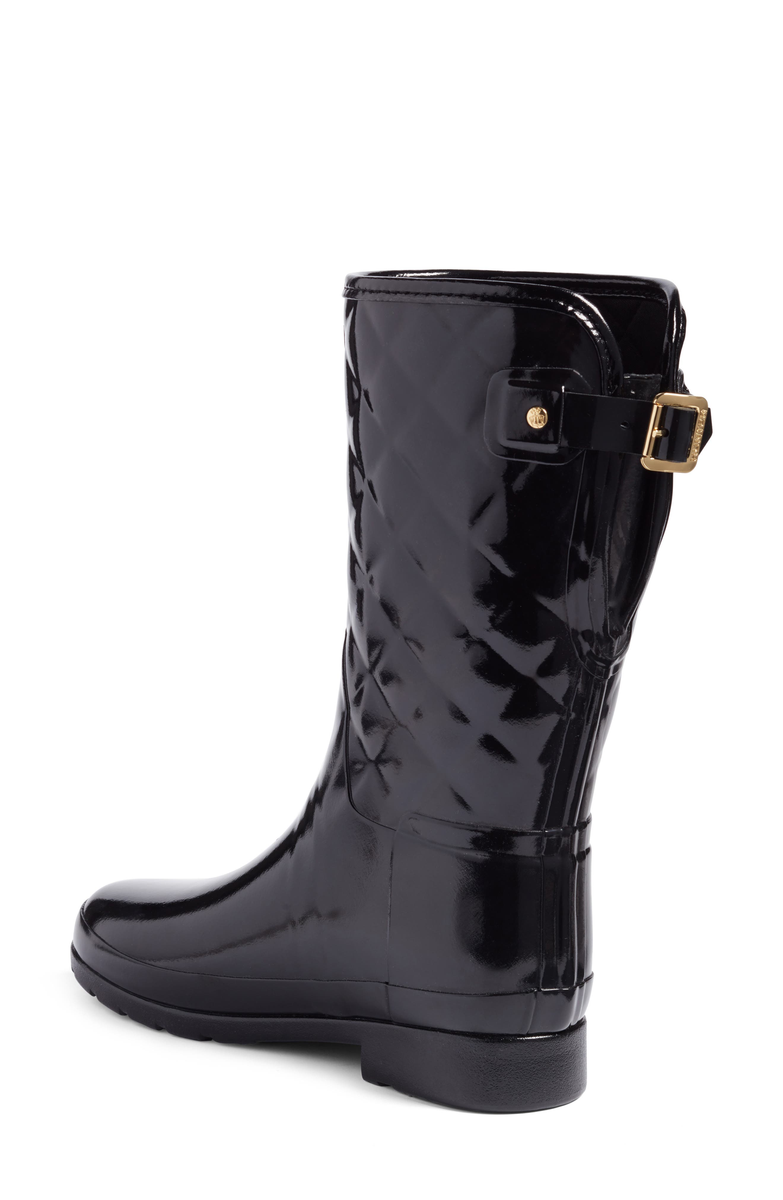 Hunter Refined High Gloss Quilted Short Waterproof Rain Boot, Alternate, color, Black