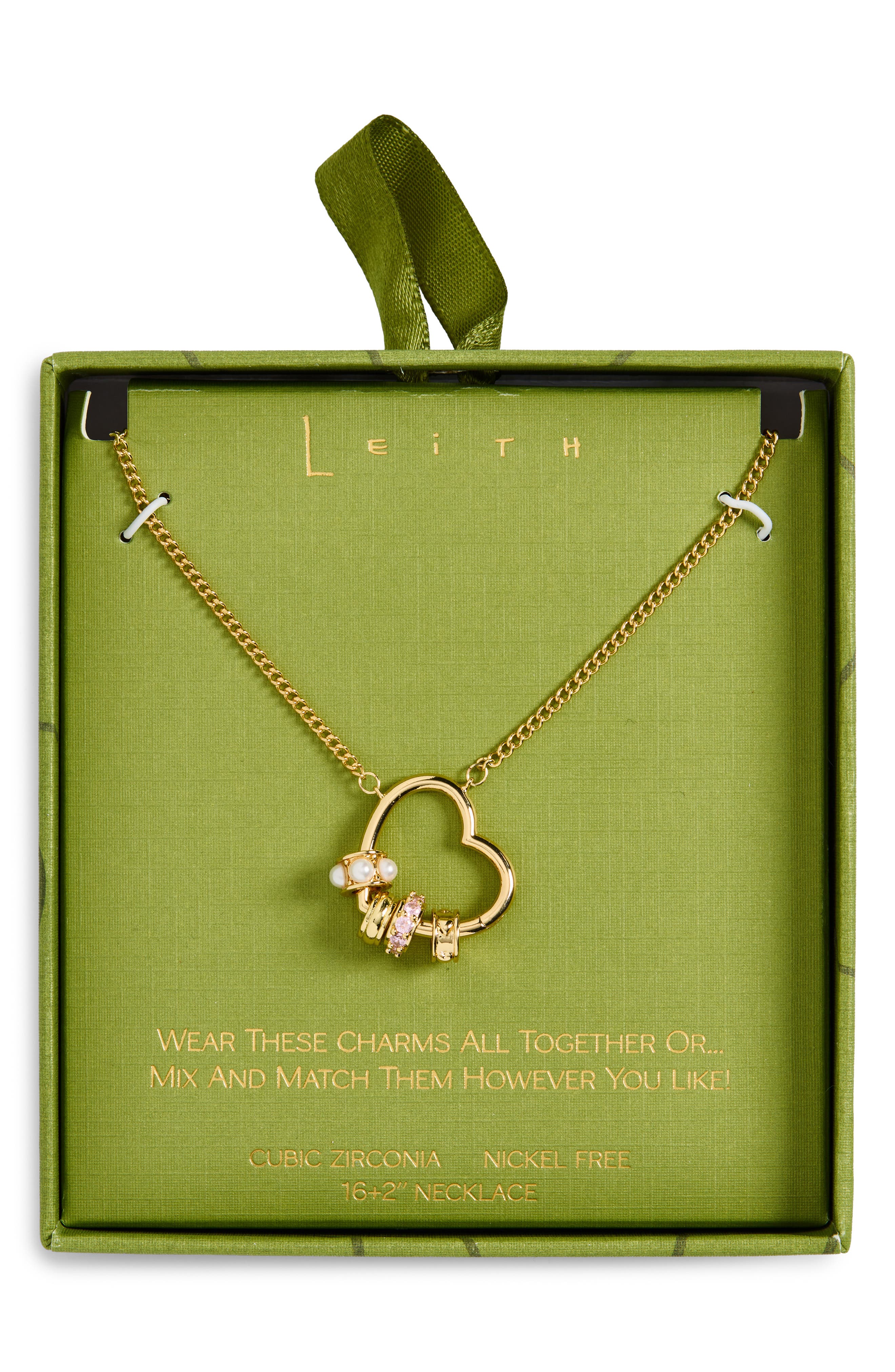Leith Cubic Zirconia & Faux Pearl Rondelle Charm Heart Pendant Necklace