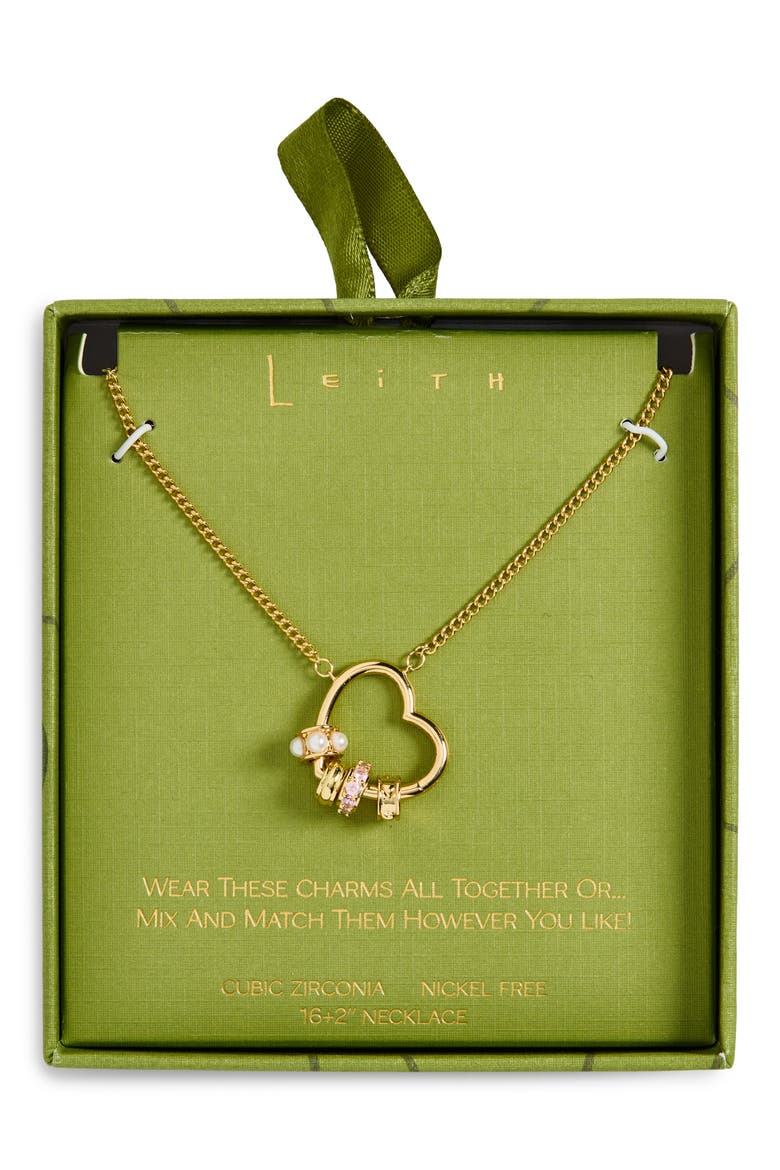 Cubic Zirconia & Faux Pearl Rondelle Charm Heart Pendant Necklace, Main, color, CLEAR- WHITE- GOLD