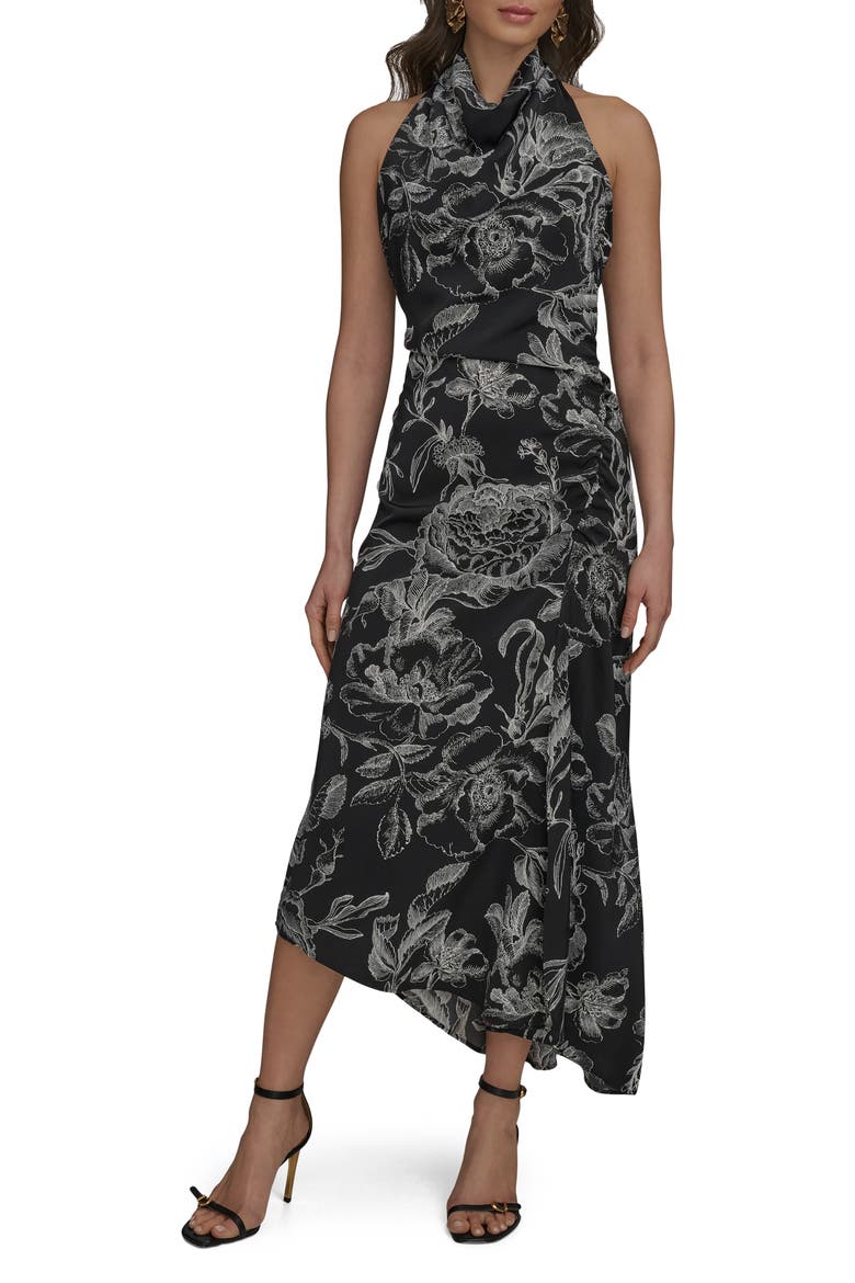 Floral Asymmetric Hem Maxi Dress, Main, color, BLACK/ CREAM