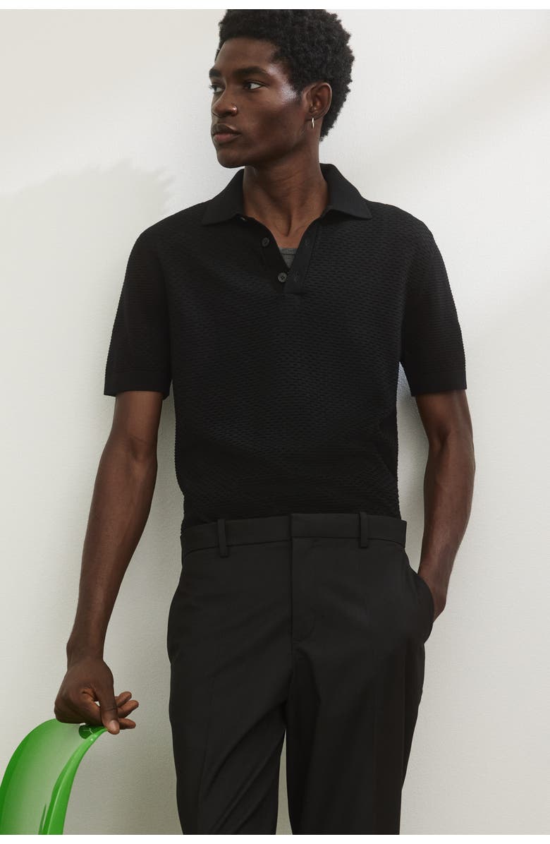 H&M Slim Fit Textured Polo Shirt, Alternate, color, Black