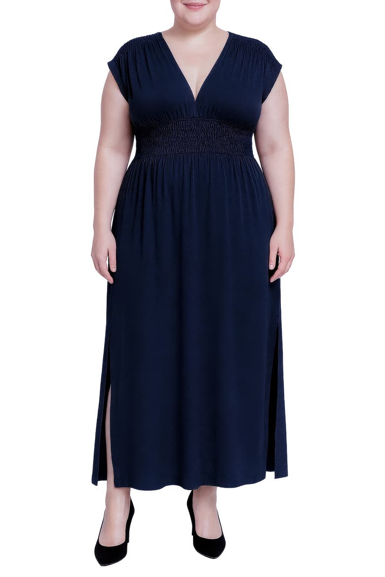 V-Neck Smocked Waist Midi Dress, Main, color, NAVY