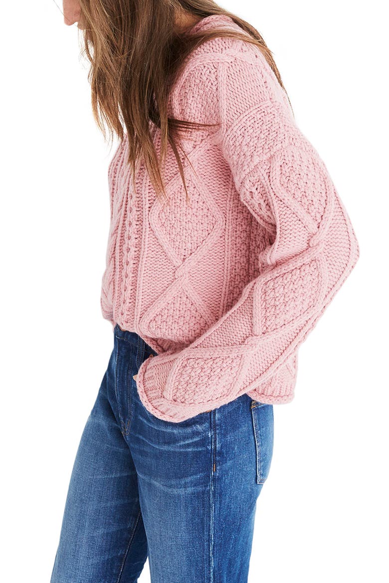 Slope Cable Pullover Sweater, Alternate, color, HEATHER STRAWBERRY