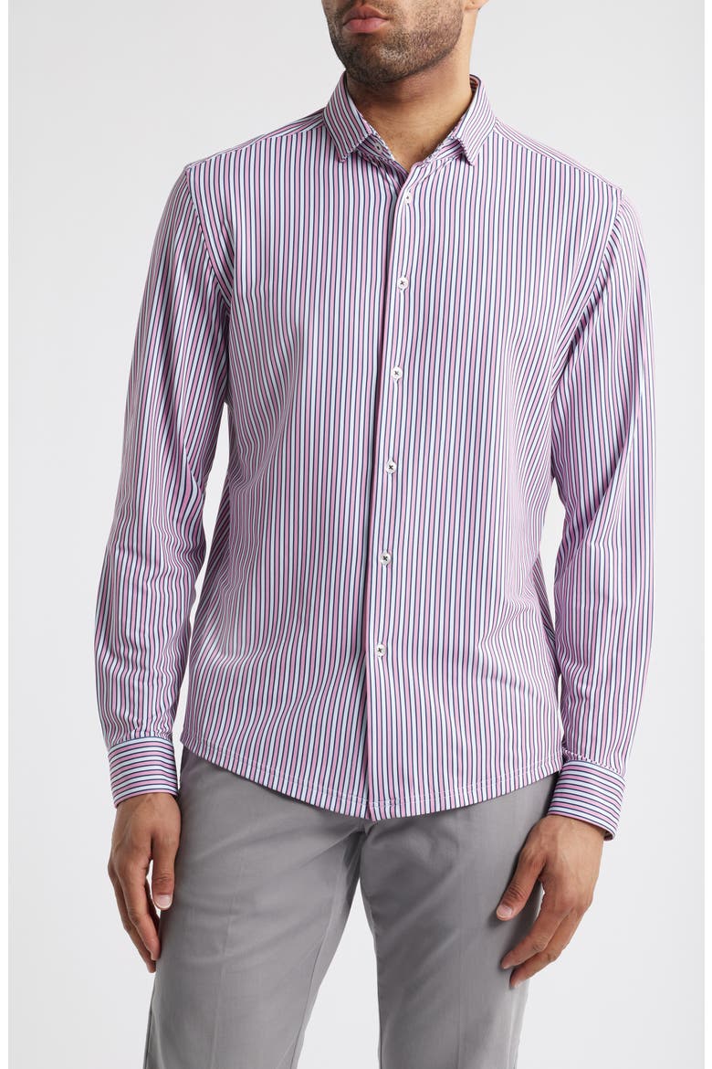 Trim Fit Techno Stretch Stripe Performance Button-Up Shirt, Main, color, MED PINK