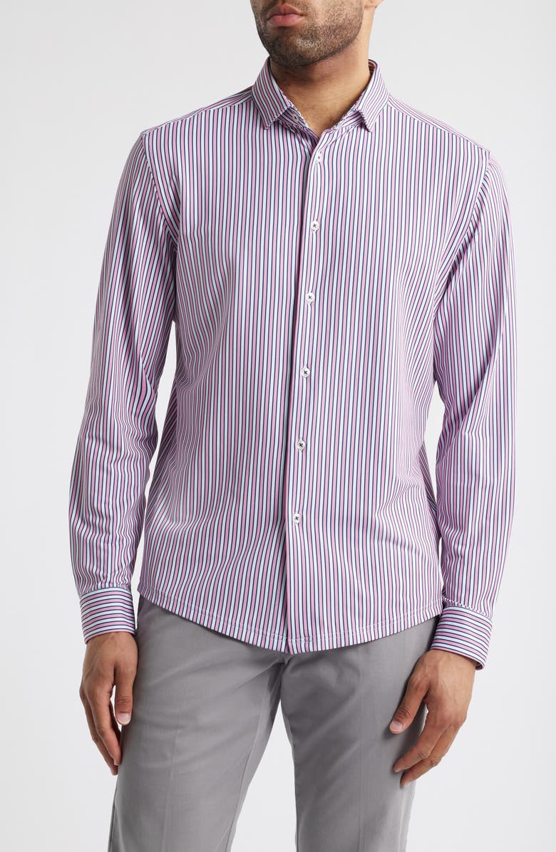 Stone Rose Trim Fit Techno Stretch Stripe Performance Button-Up Shirt, Main, color, Med Pink