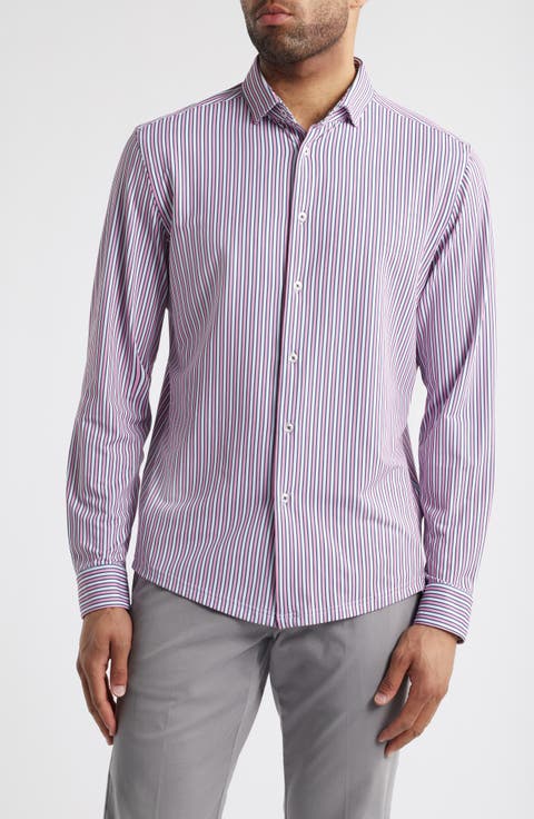 Trim Fit Techno Stretch Stripe Performance Button-Up Shirt