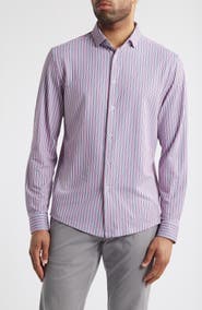 Stone Rose Trim Fit Techno Stretch Stripe Performance Button-Up Shirt