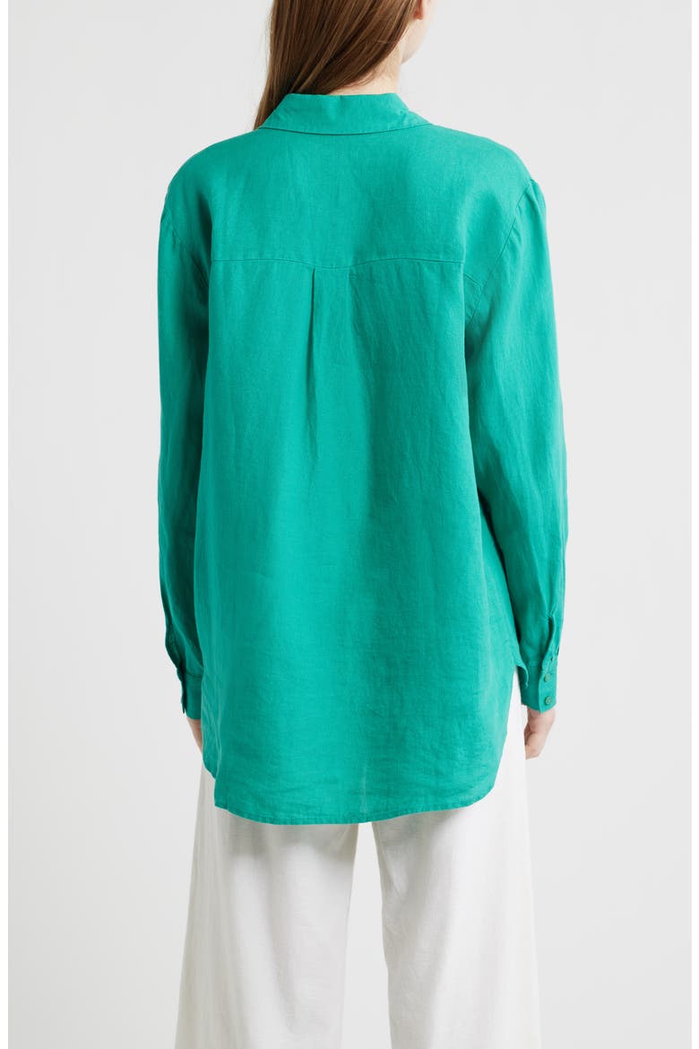 Classic Collar Organic Linen Long Button-Up Shirt, Alternate, color, SEA STAR