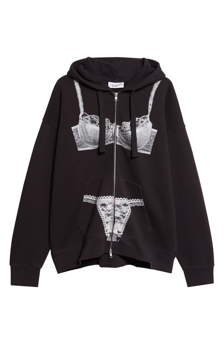 Vaquera Trompe l'Oeil Lingerie Oversize Full Zip Hoodie, Main, color, Washed Black