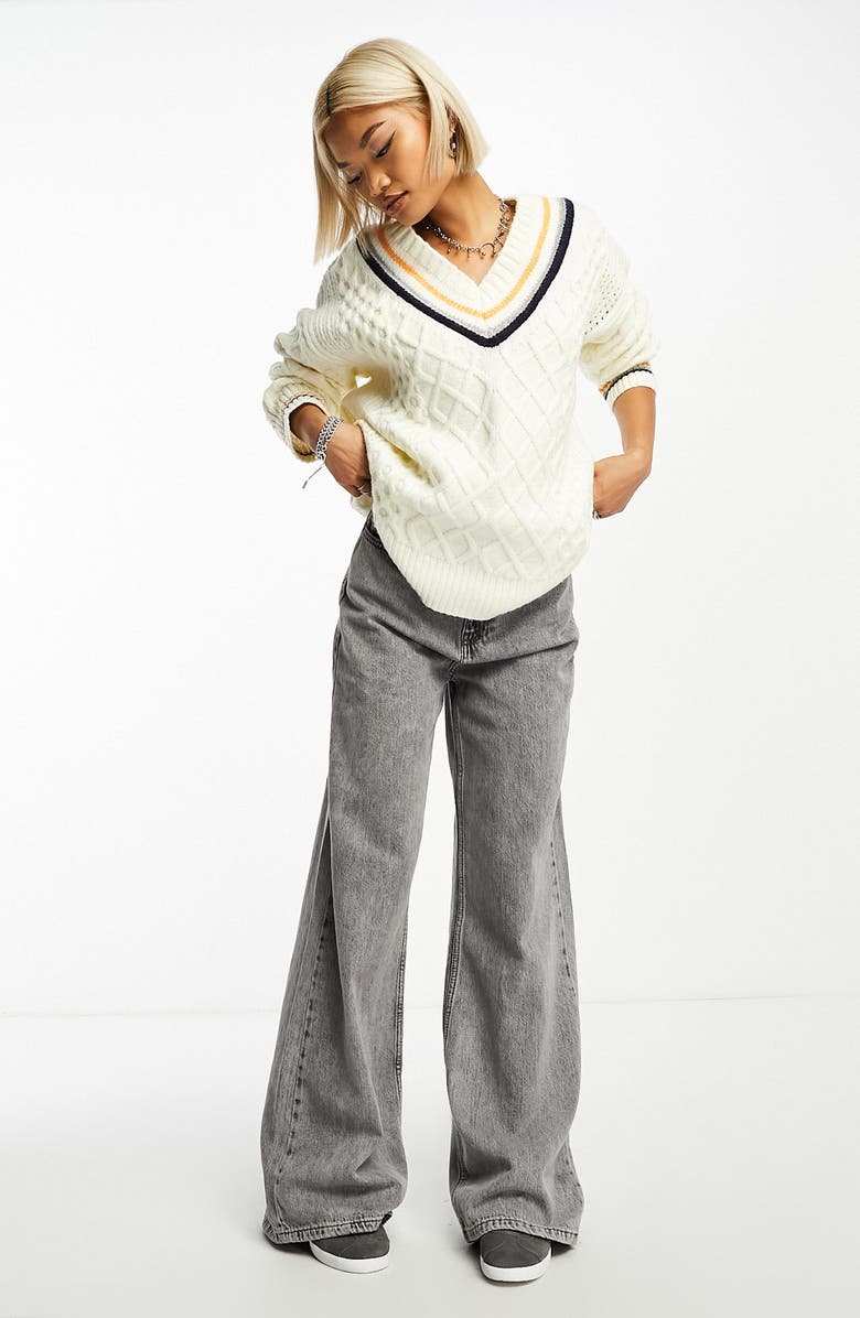 ASOS DESIGN V-Neck Cable Knit Varsity Sweater, Alternate, color, 