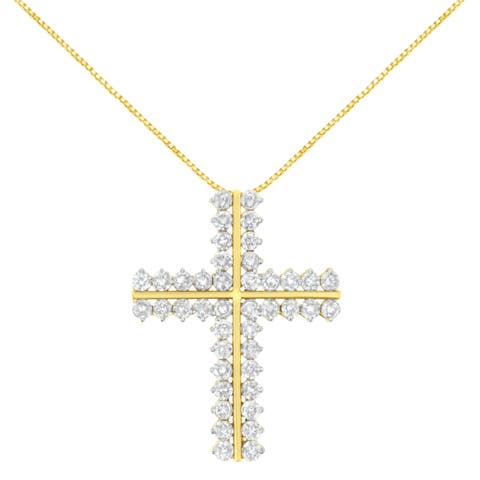 10K Yellow Gold 4.0 Cttw Diamond Two Row Cross 18" Pendant Necklace
