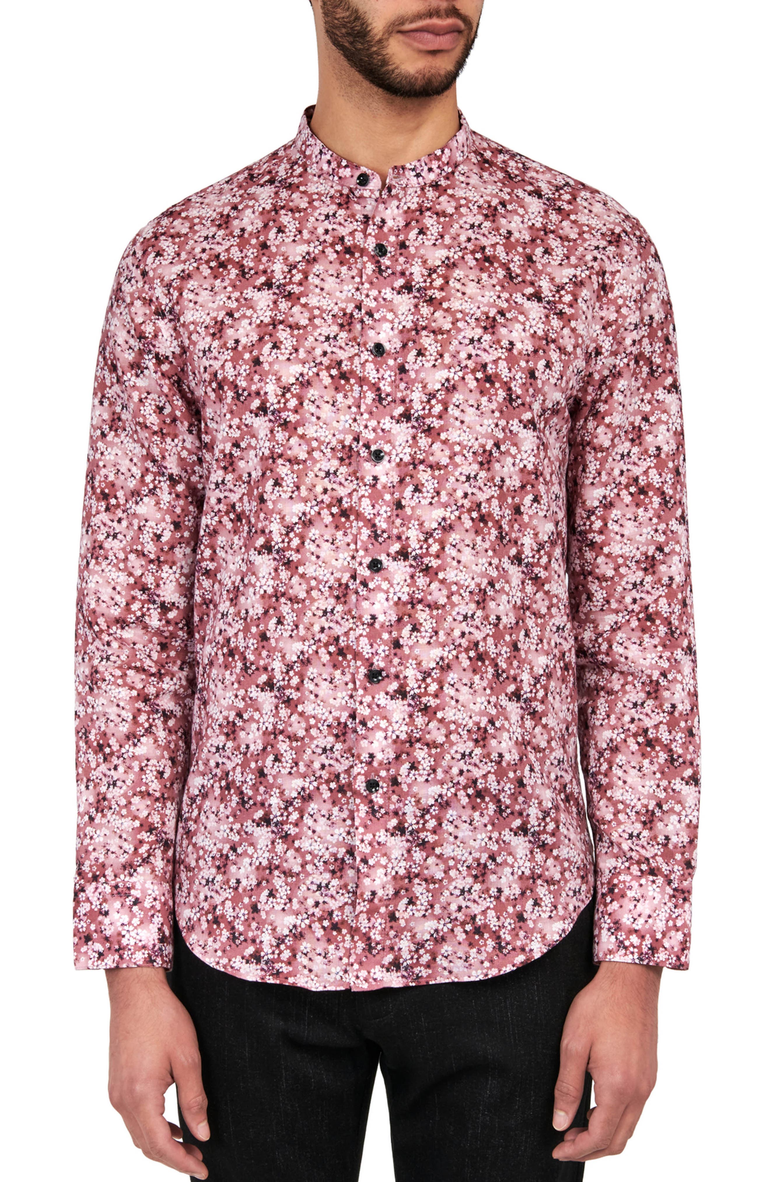 Brooklyn Brigade Poplar Cherry Blossom Mandarin Collar Long Sleeve Linen & Cotton Shirt
