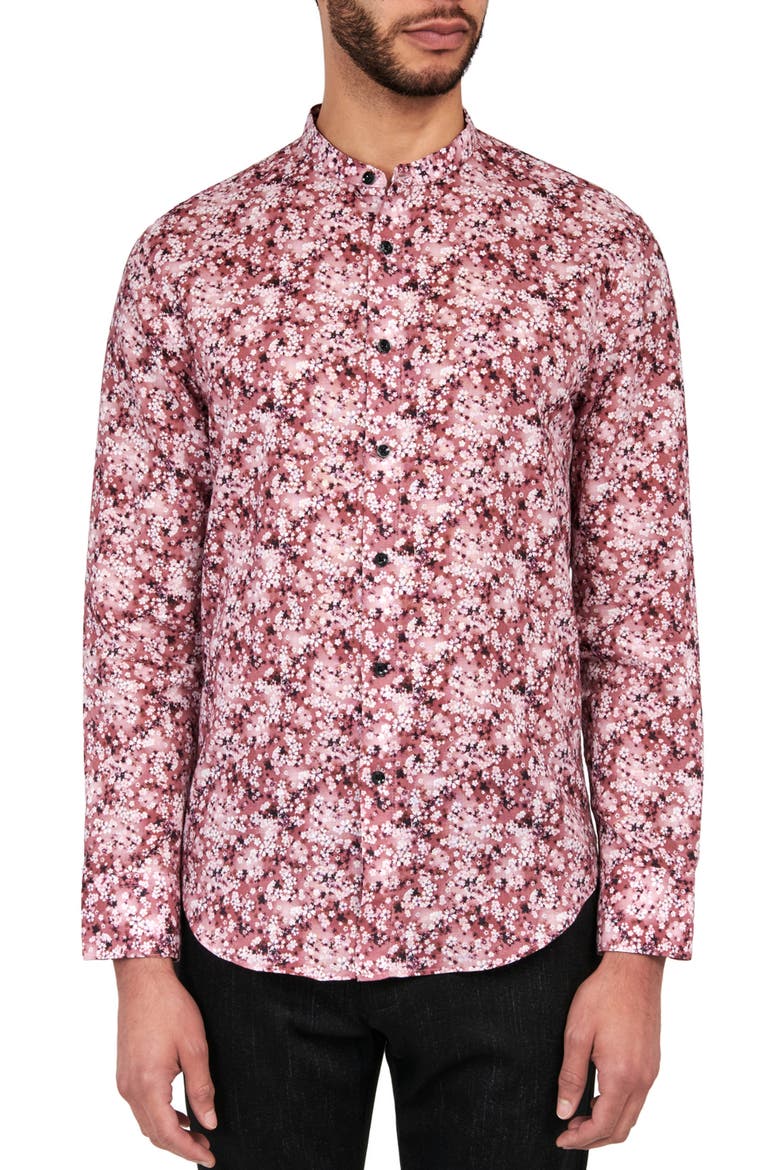 Poplar Cherry Blossom Mandarin Collar Long Sleeve Linen & Cotton Shirt, Main, color, PINK