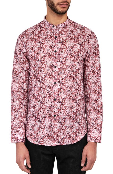 Poplar Cherry Blossom Mandarin Collar Long Sleeve Linen & Cotton Shirt