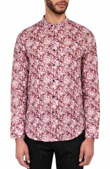 Poplar Cherry Blossom Mandarin Collar Long Sleeve Linen & Cotton Shirt