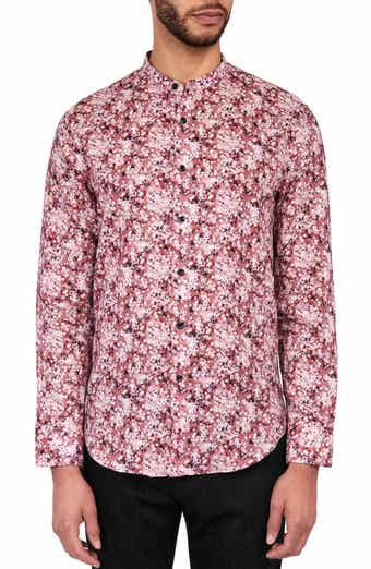Poplar Cherry Blossom Mandarin Collar Long Sleeve Linen & Cotton Shirt