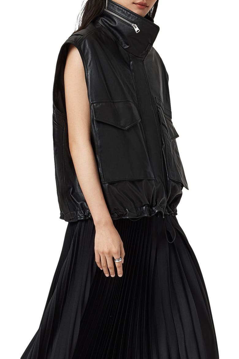 Clay Funnel Neck Leather Gilet, Alternate, color, BLACK