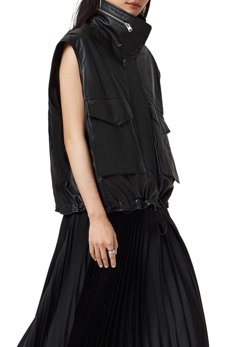 AllSaints Clay Funnel Neck Leather Gilet, Alternate, color, Black