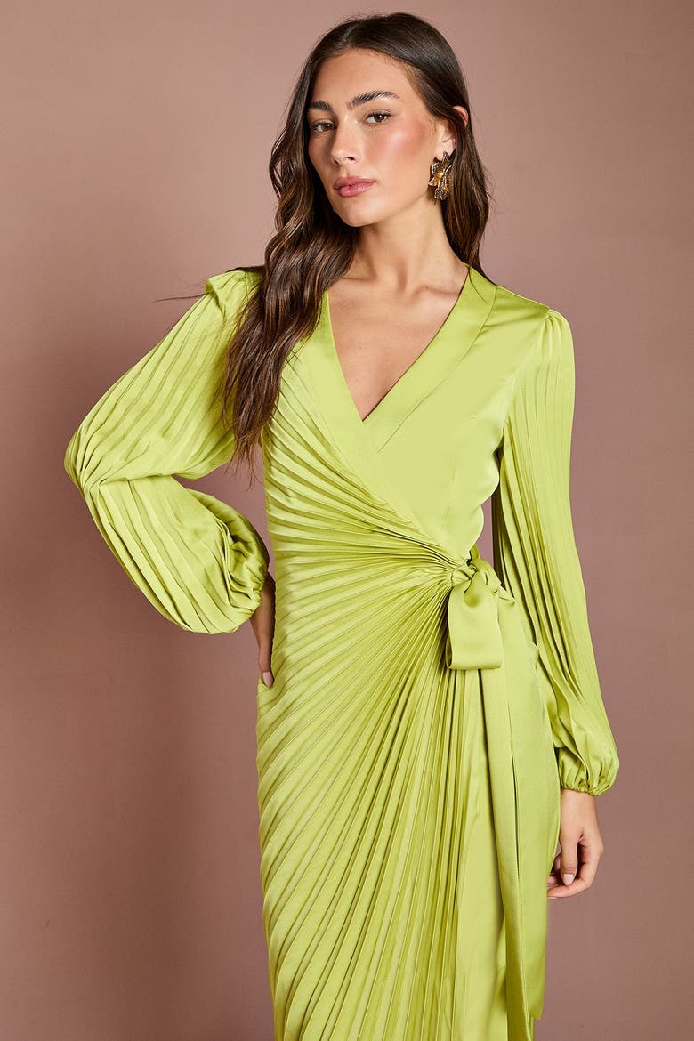 Satin Long Sleeve V-Neck Wrap Dress, Alternate, color, Lime