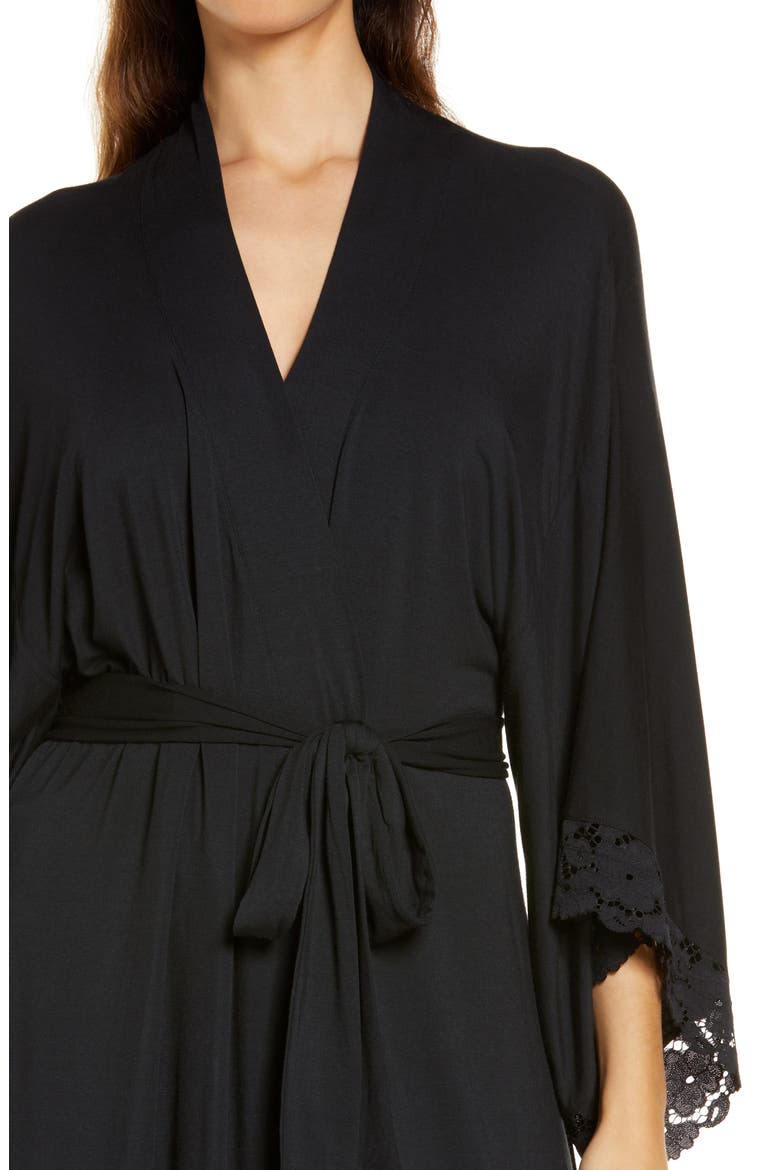 Naya Lace Trim Jersey Knit Robe, Alternate, color, BLACK