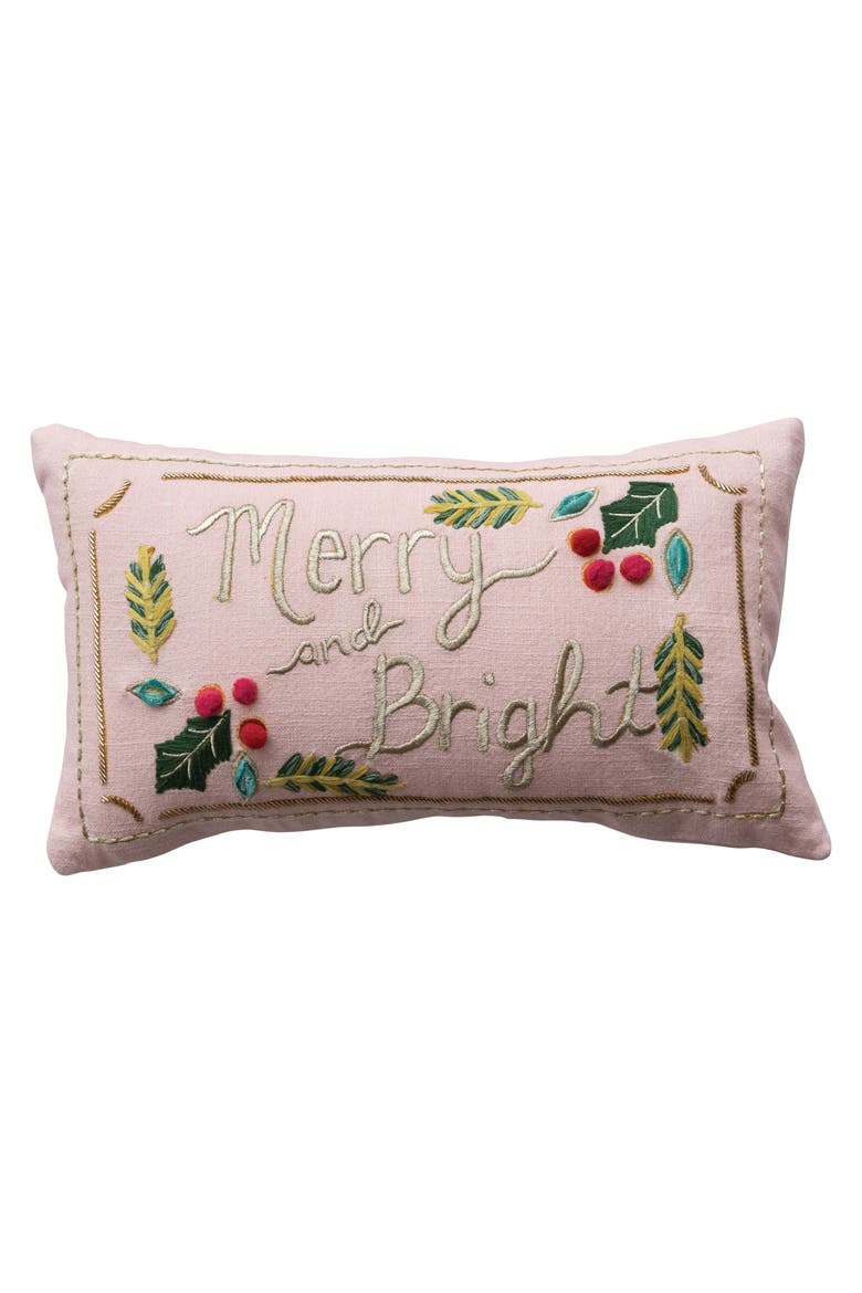 Slub Lumbar Pillow with Hand-Embroidery, Pom Poms, Beads, Metallic Thread and Velvet Back "Merry and Bright", Main, color, Multicolor