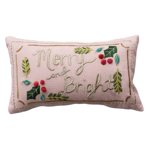 Slub Lumbar Pillow with Hand-Embroidery, Pom Poms, Beads, Metallic Thread and Velvet Back "Merry and Bright"