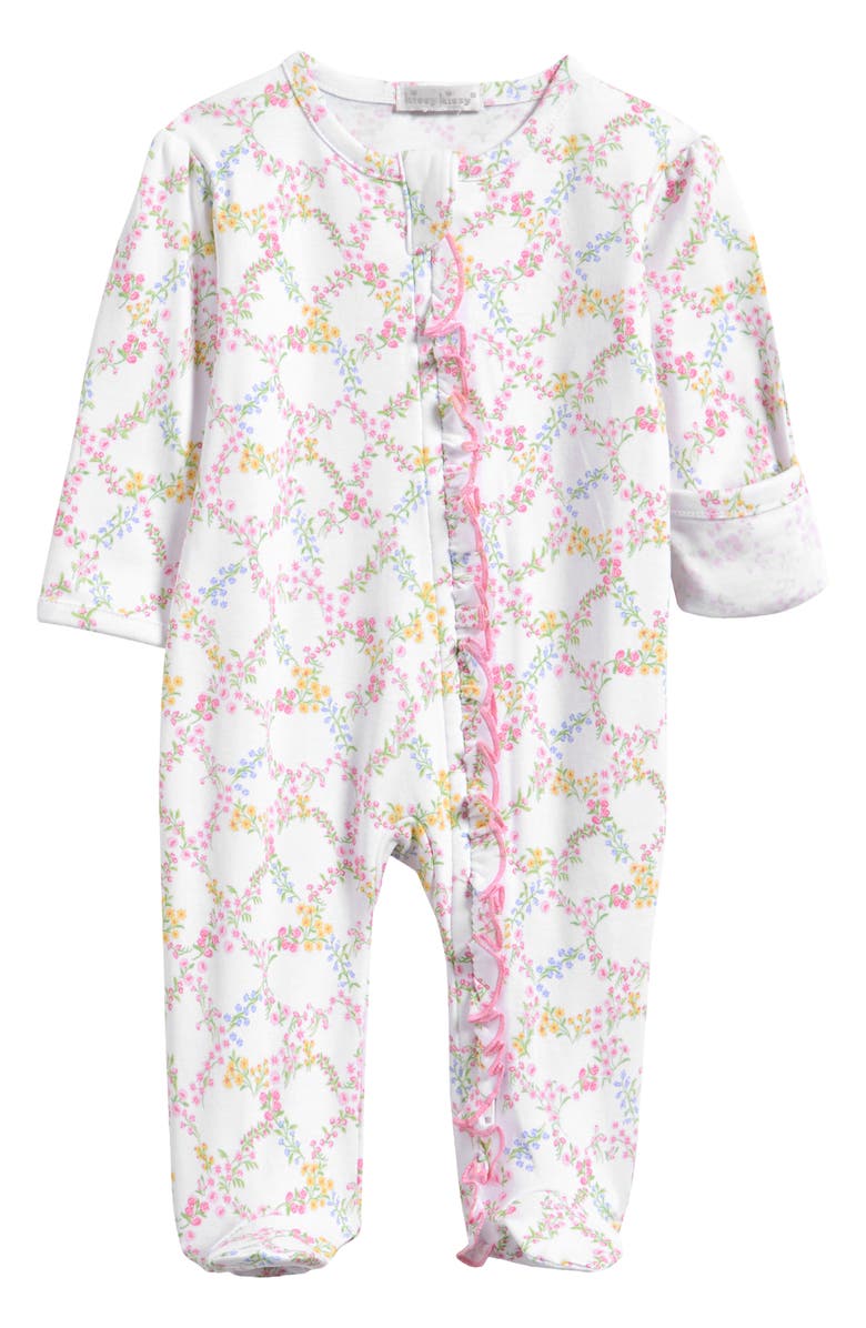 Kissy Kissy Floral Print Pima Cotton Zip Footie, Main, color, 