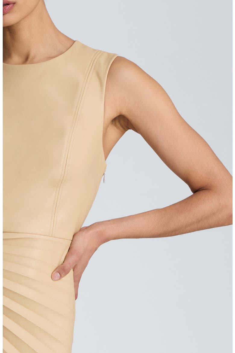 Sunburst Pleat Faux Leather Sleeveless Dress, Alternate, color, BISCOTTI