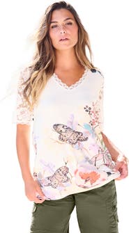 Roaman's Plus Size Lace Sleeve Printed Tee