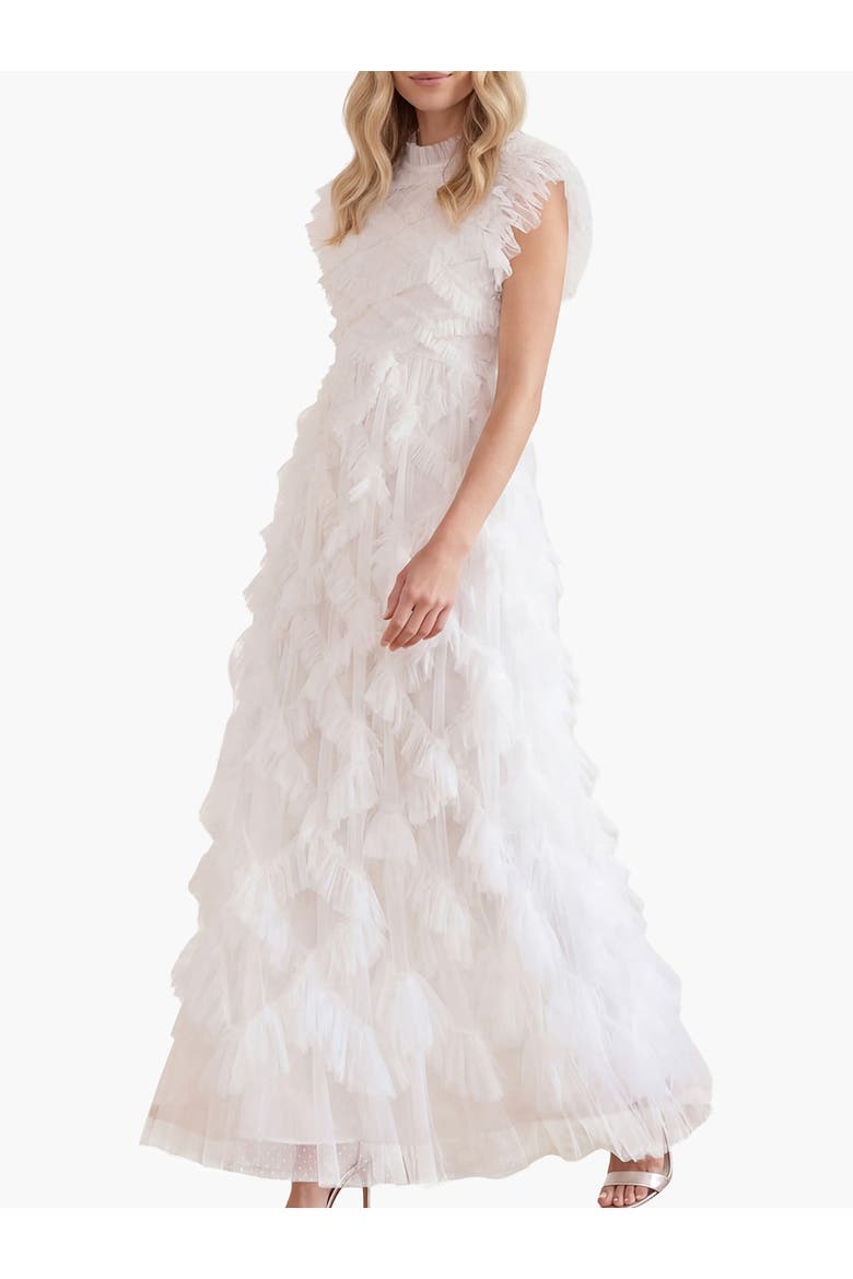 Genevieve Ruffle Short Sleeve Maxi Gown, Main, color, Swan White