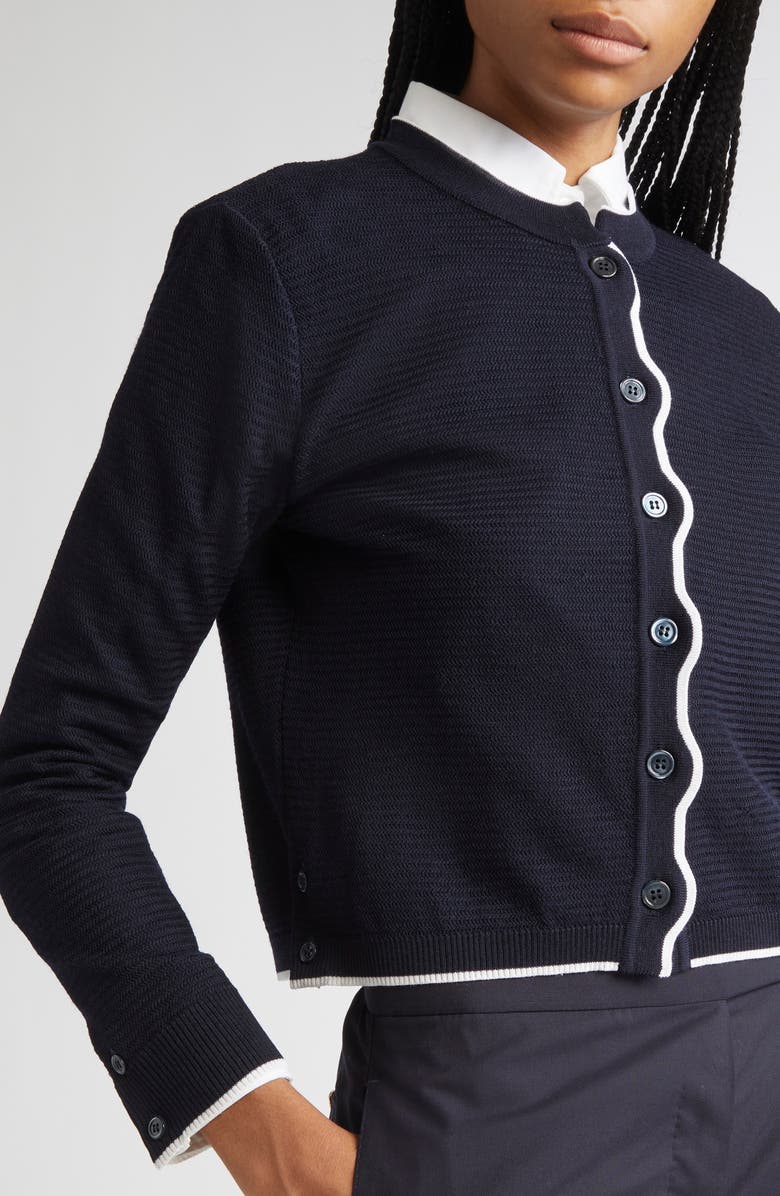 Thom Browne Textured Stitch Virgin Wool Crewneck Cardigan, Alternate, color, Navy