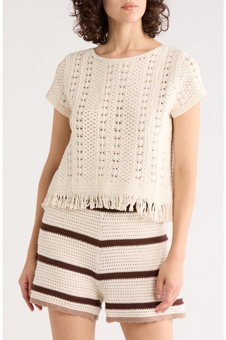 Open Knit Fringe Trim Top, Main, color, CREAM