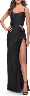 La Femme Cut Out Jersey Dress with High Slit
