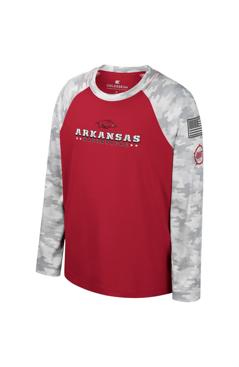 COLOSSEUM Youth Colosseum Cardinal/Camo Arkansas Razorbacks OHT Military Appreciation Dark Star Raglan Long Sleeve T-Shirt, Alternate, color, 