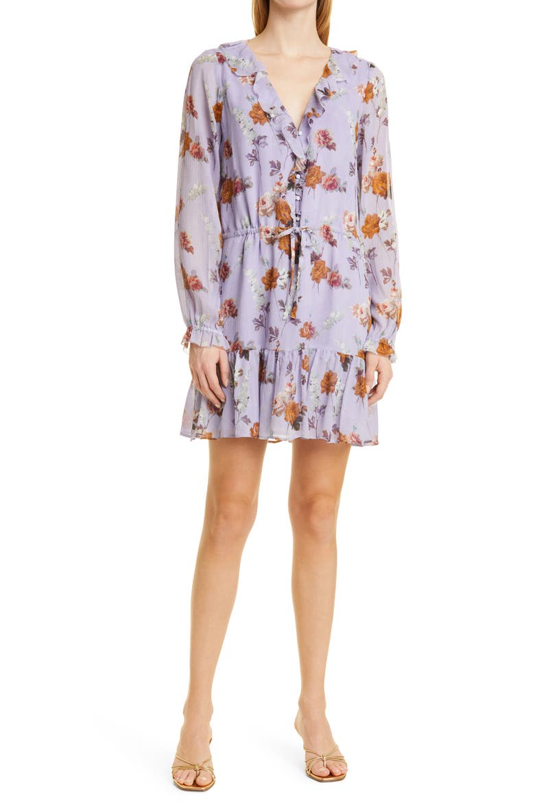 Anjelina Floral Print Long Sleeve Silk Dress, Main, color, LAVENDER MULTI