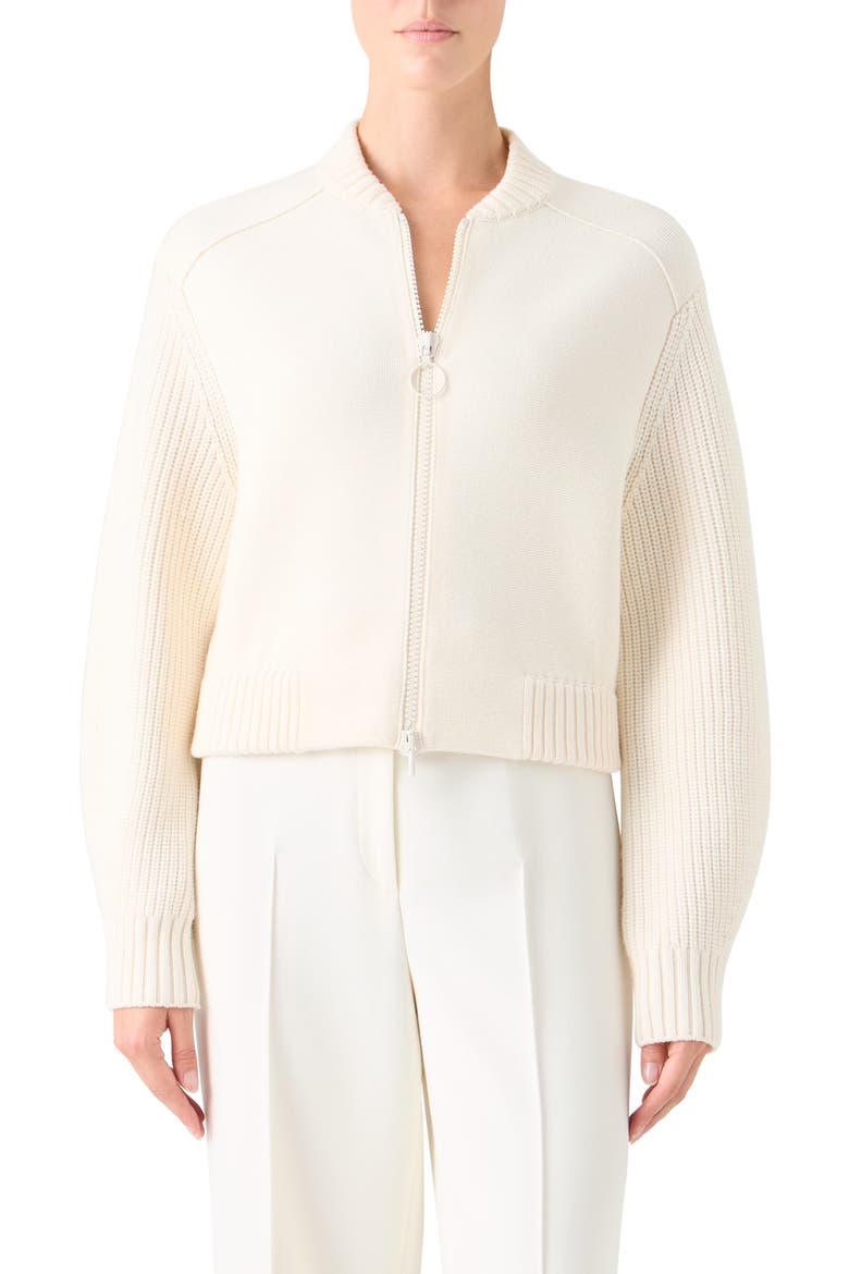 Stretch Virgin Wool Bomber Cardigan, Main, color, IVORY