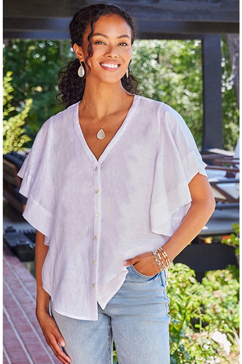Flutter Sleeve Woven Linen Shirt, Alternate, color, OFF WHITE