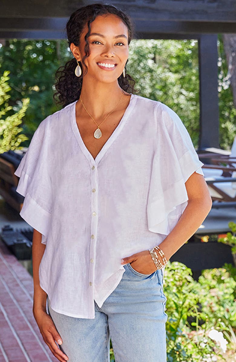 Karen Kane Flutter Sleeve Woven Linen Shirt, Alternate, color, Off White