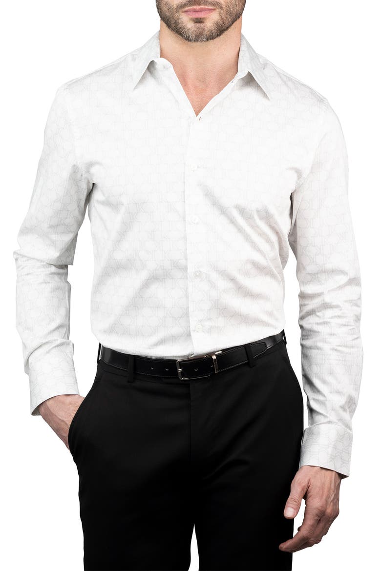 Trim Fit Grid Pritn Cotton Dress Shirt, Main, color, WHITE
