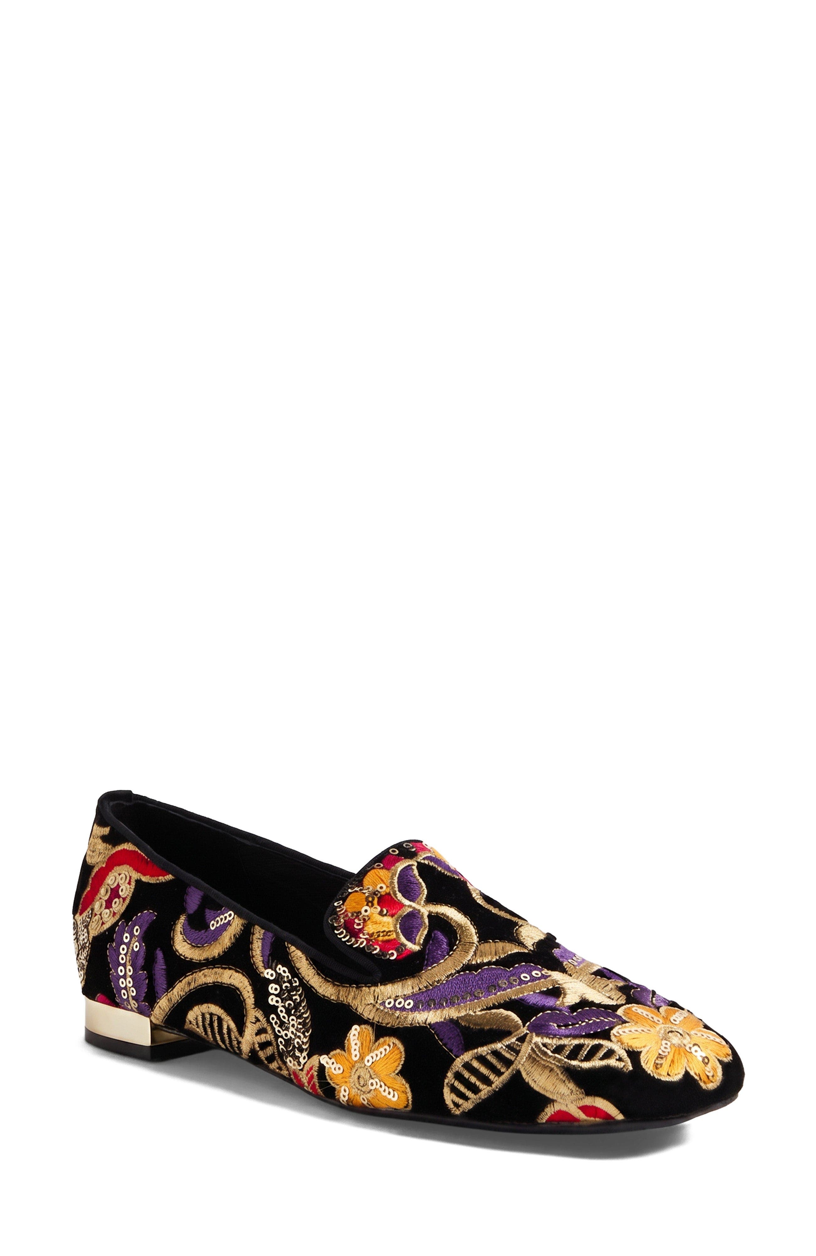 Faires Embroidered Loafer, Main, color, Black Embroidery Velvet