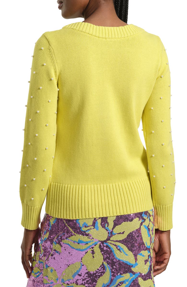 Isaac Mizrahi New York Faux Pearl Accent Cotton Crewneck Sweater, Alternate, color, Lime