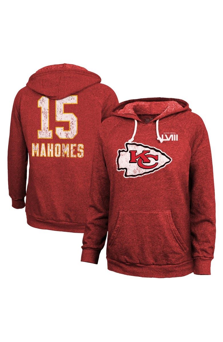 Majestic Threads Women's Majestic Threads Patrick Mahomes Red Kansas City Chiefs Super Bowl LVIII Name & Number Tri-Blend Pullover Hoodie, Main, color, 