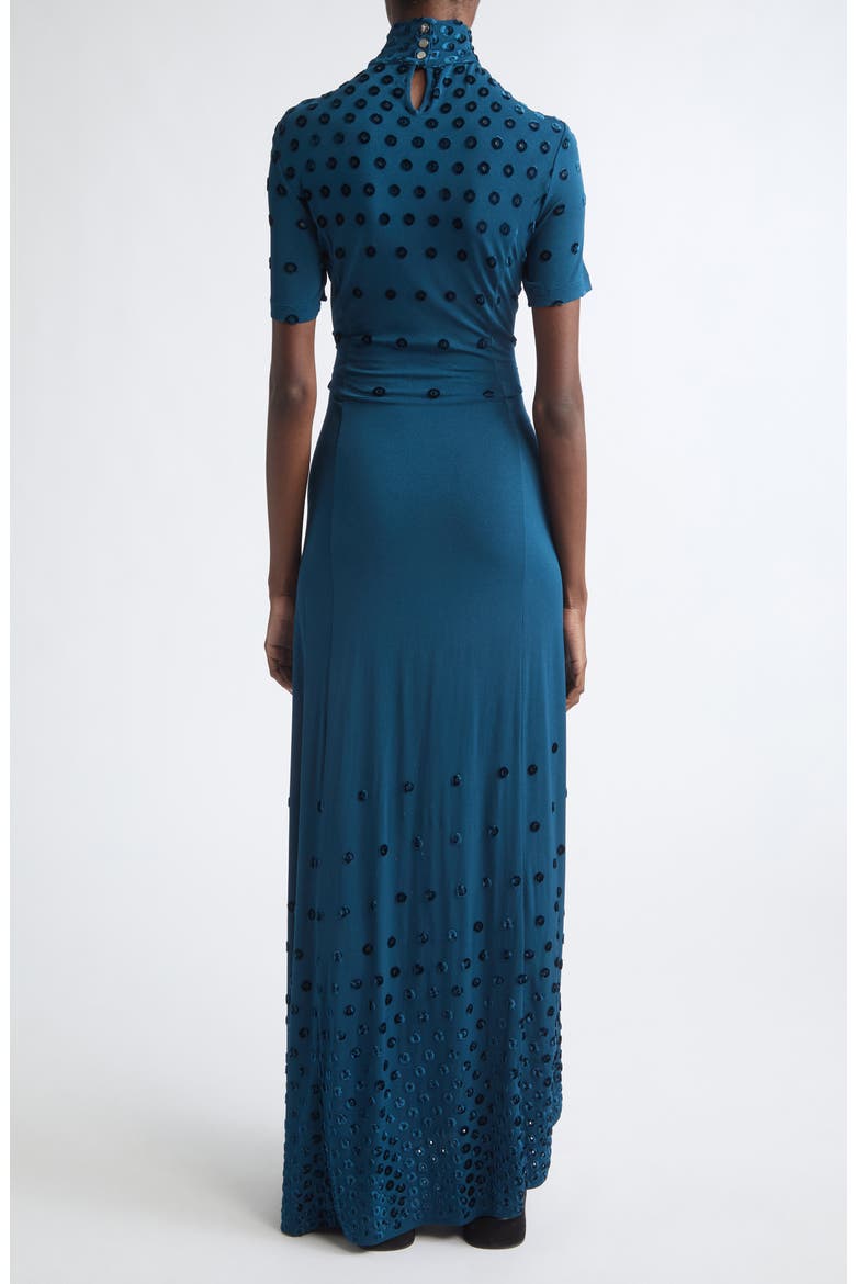 Flocked Dot Cutout Jersey Gown, Alternate, color, DEEP LAKE