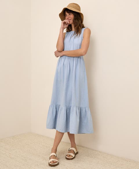 Organic Cotton Coastal Double Gauze Tiered Midi Dress