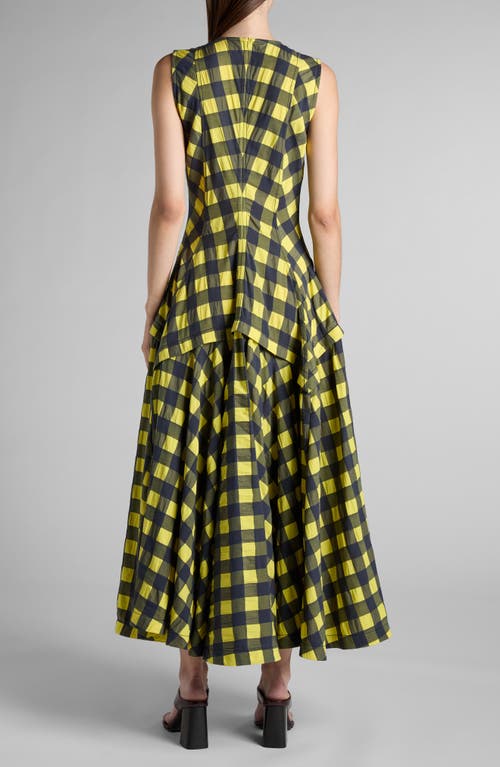 Bottega Veneta Macro Gingham Fit + Flare Dress In 7315 Yellow/shrub/wave