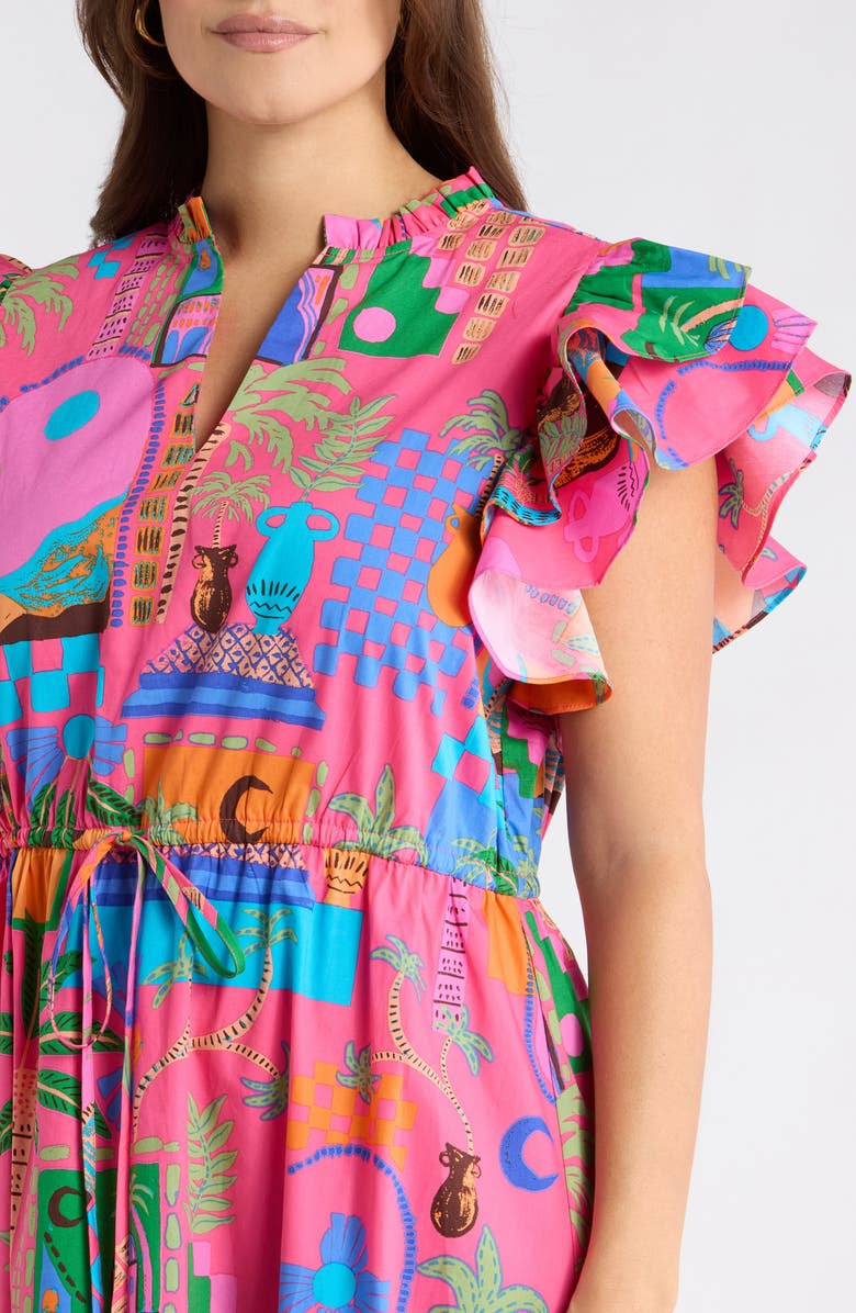 SUGARLIPS Lanus City Dillan Ruffle Midi Dress, Alternate, color, Fuchsia-Multi