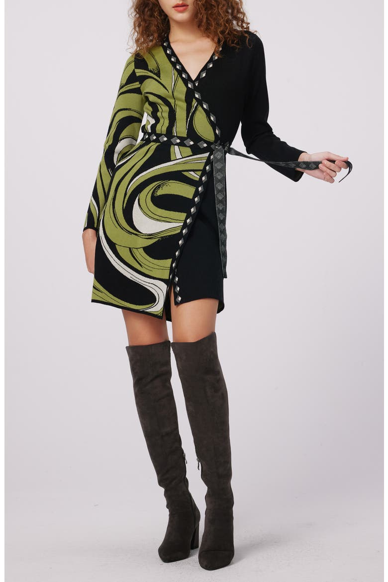 Aubrey Mixed Print Long Sleeve Knit Wrap Dress, Main, color, CASS TAPE SHADOW GN HUGE/BLK