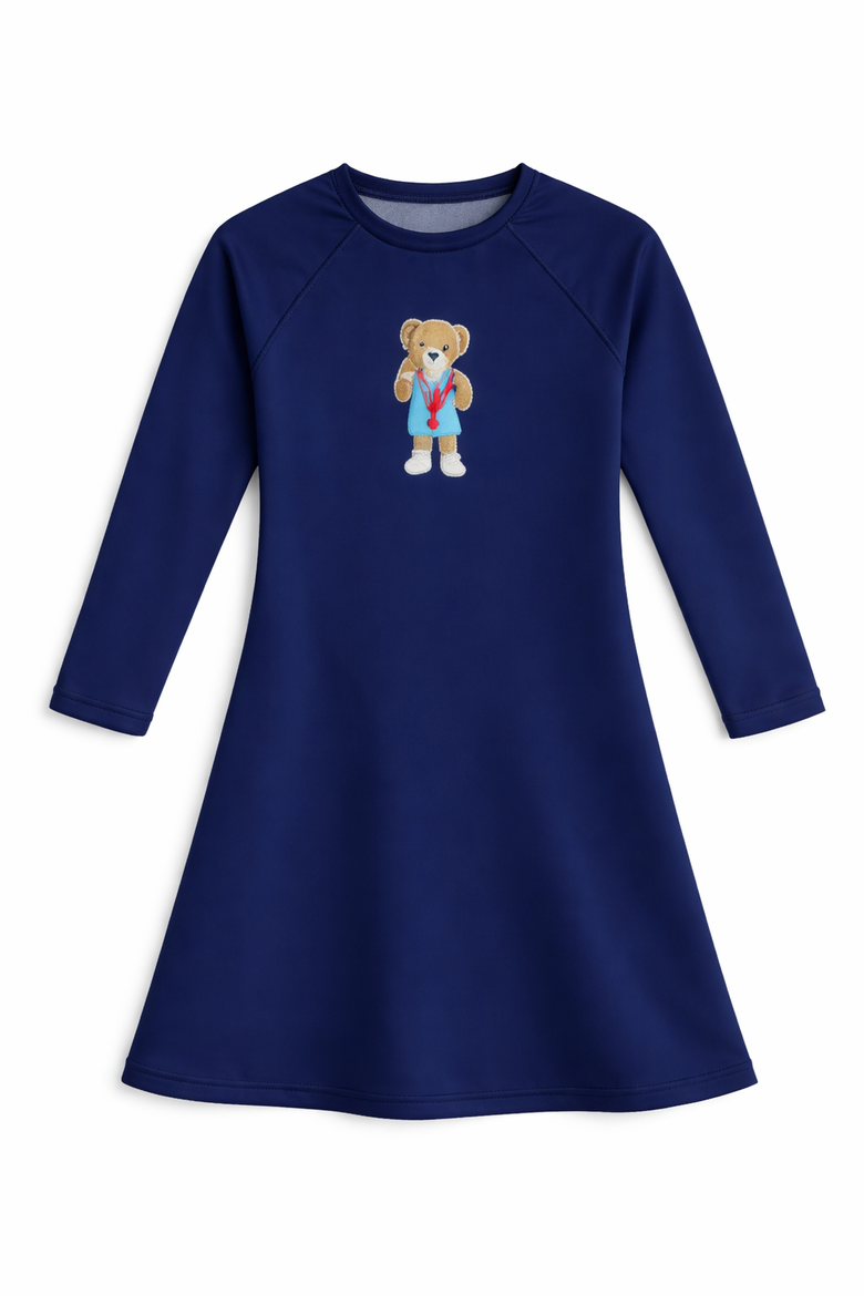 Baby Girl Long-Sleeve Swimsuit Dress with Bear, Main, color, Navy Blue