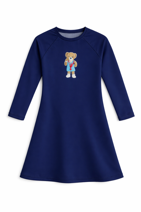 Girls Navy Long-Sleeve Swimsuit Dress with Bear