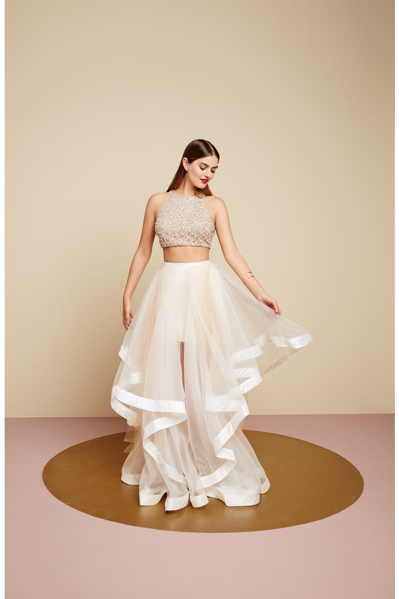 Beaded Top & Organza Two-Piece Ballgown, Alternate, color, WHITE/ NUDE